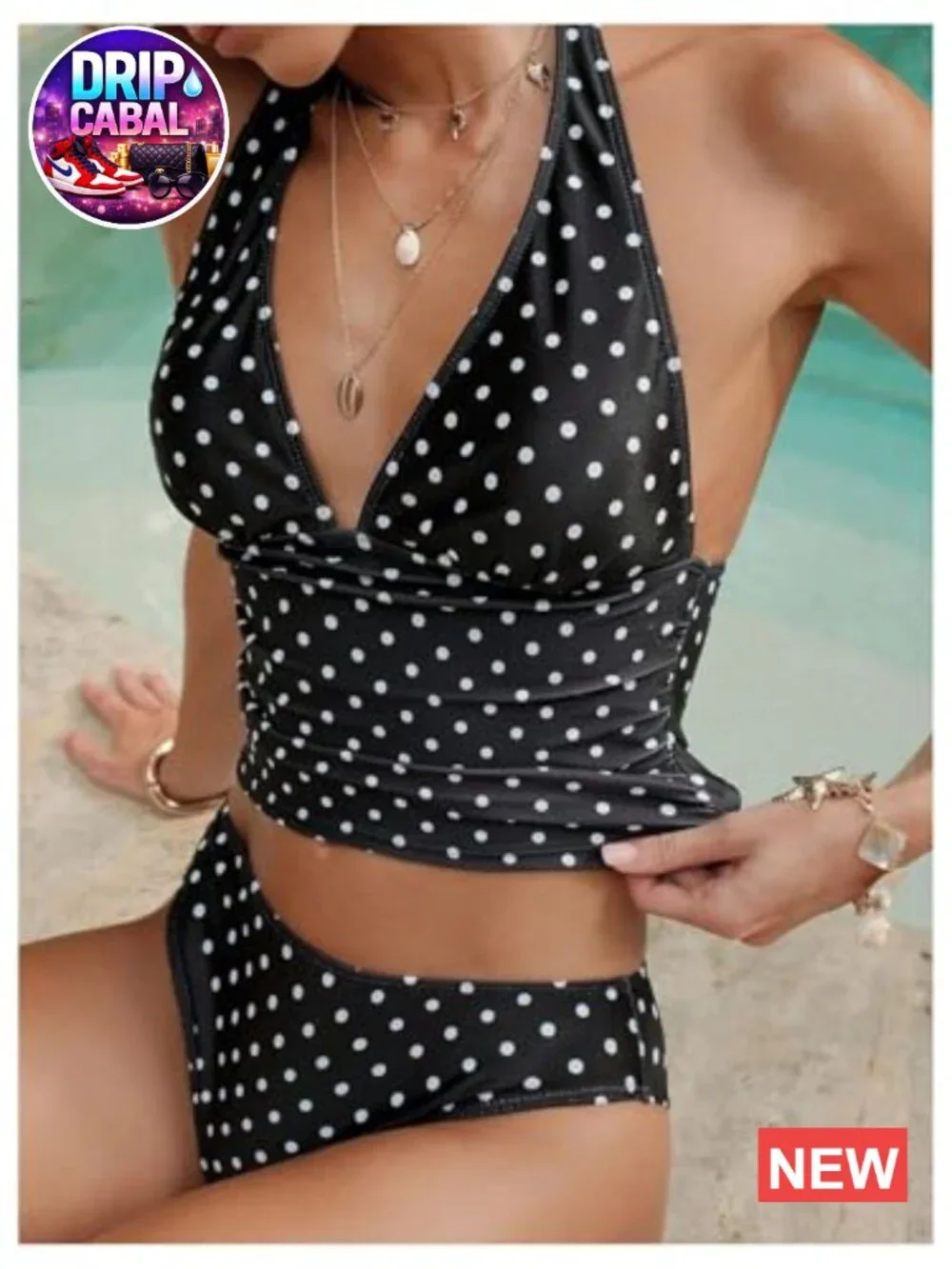 Polka Dots Tankini Set Halter V Neck Backless Two Piece Swimwear